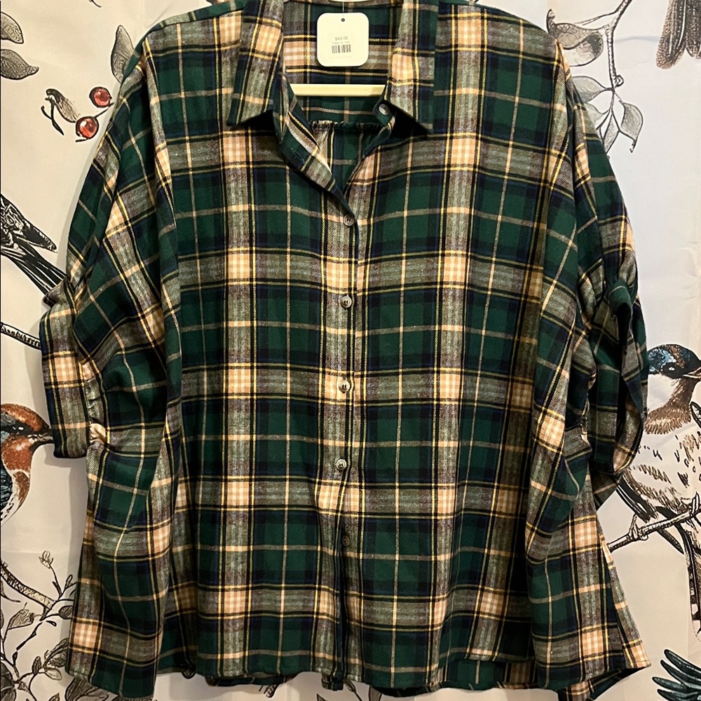Plaid Button-Up Blouse - Green and Cream